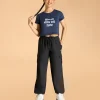 Cotton Crop Top and Mid Rise Solid Lightweight Cargo Pants Set