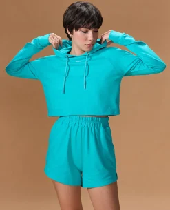 Cropped Cotton Terry Hoodie and Mid Rise Shorts Teal