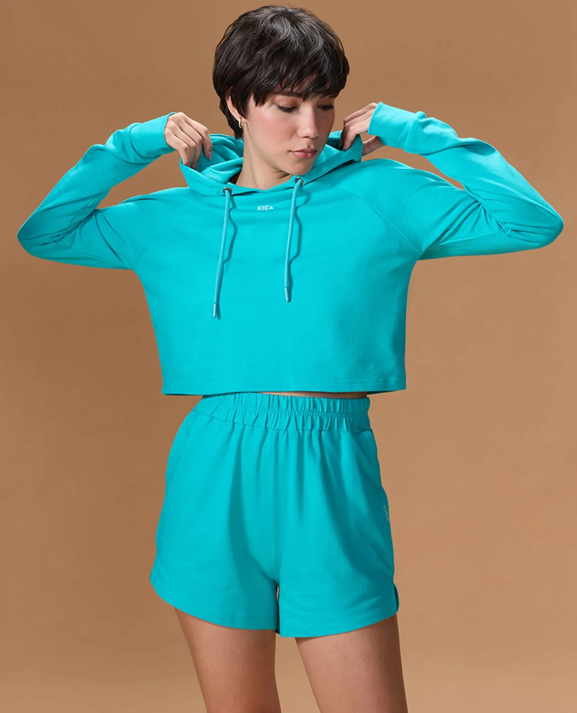 Cropped Cotton Terry Hoodie and Mid Rise Shorts Teal