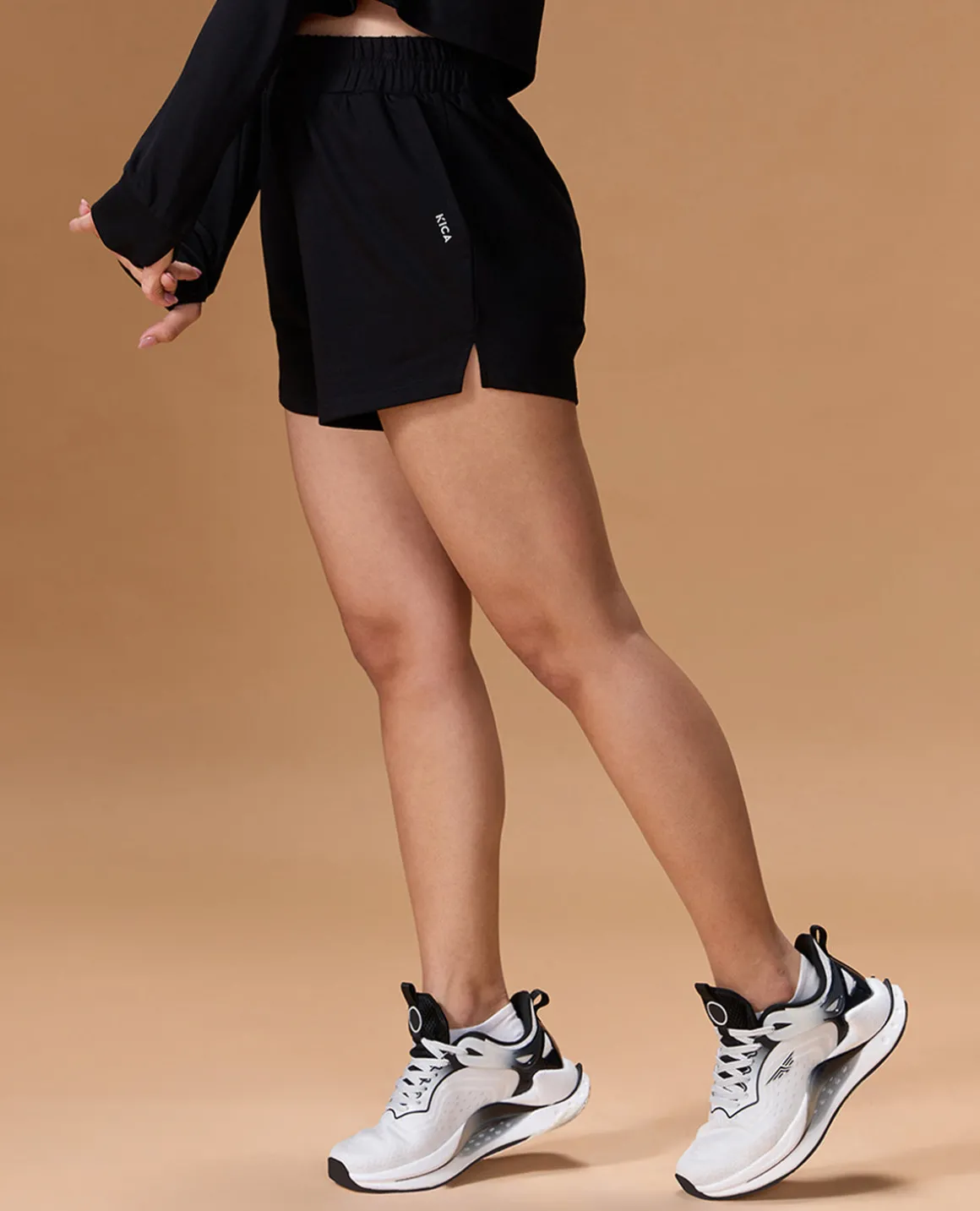 Cropped Cotton Terry Hoodie and Mid Rise Shorts Black