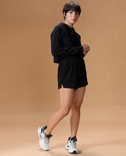 Cropped Cotton Terry Hoodie and Mid Rise Shorts Black
