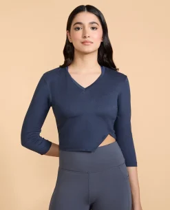 Full Sleeves Crop Top in Feather Feel Fabric Grey