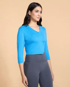 Full Sleeves Crop Top in Feather Feel Fabric Cobalt Blue