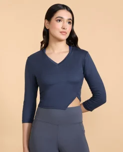 Full Sleeves Crop Top in Feather Feel Fabric Grey