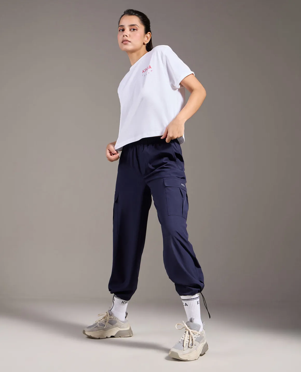 High Waist Cargo Pants In Max Dry Fabric Navy Blue