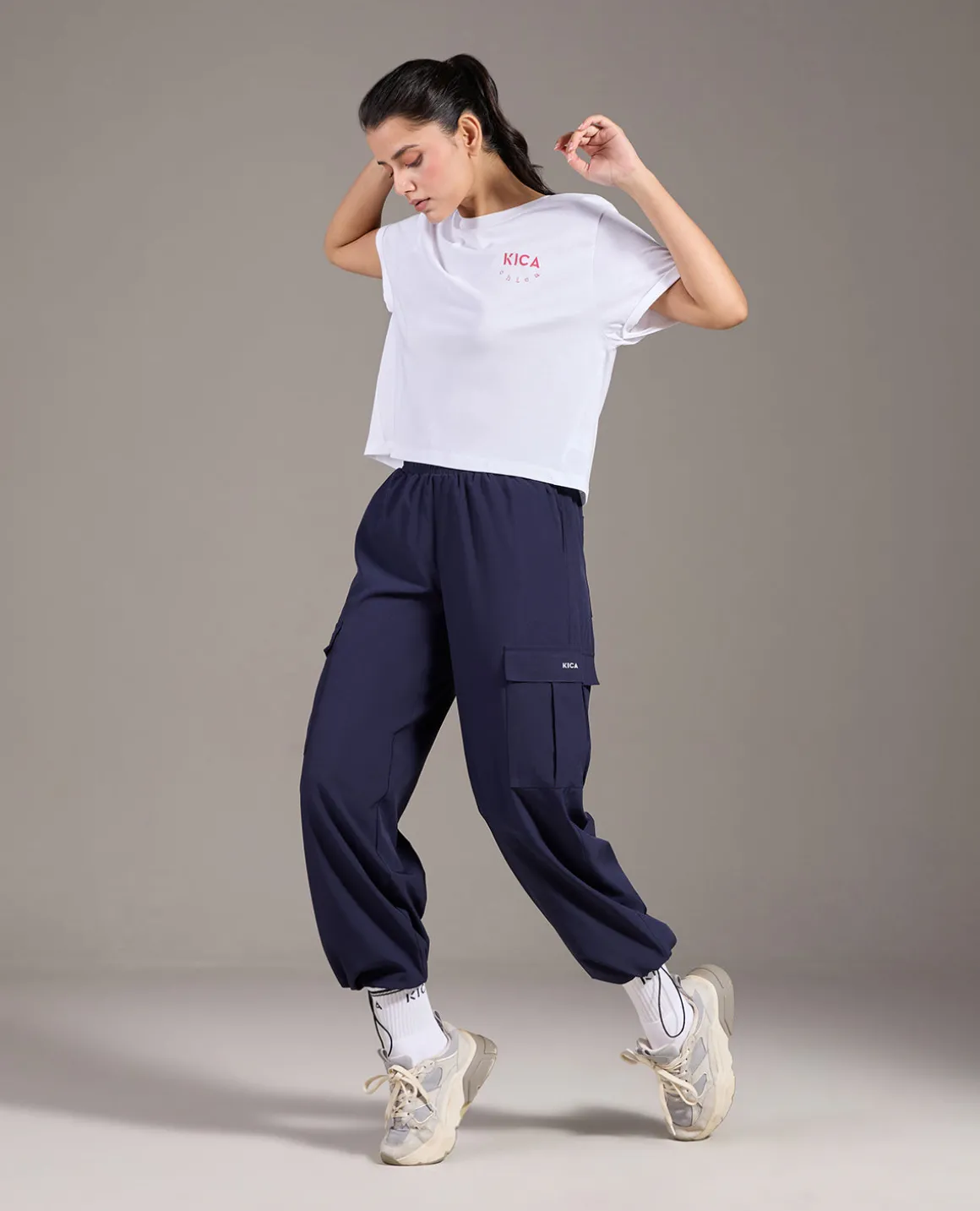 High Waist Cargo Pants In Max Dry Fabric Navy Blue