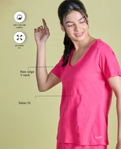 Nykd All Day V Neck Slub Cotton tee - NYLE512 - Raspberry sorbet