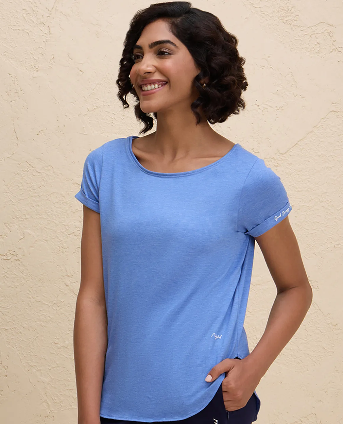 Nykd By Nykaa After Class Apple Bottom Flattering Longline Tee-NYAT272-Blue Melange