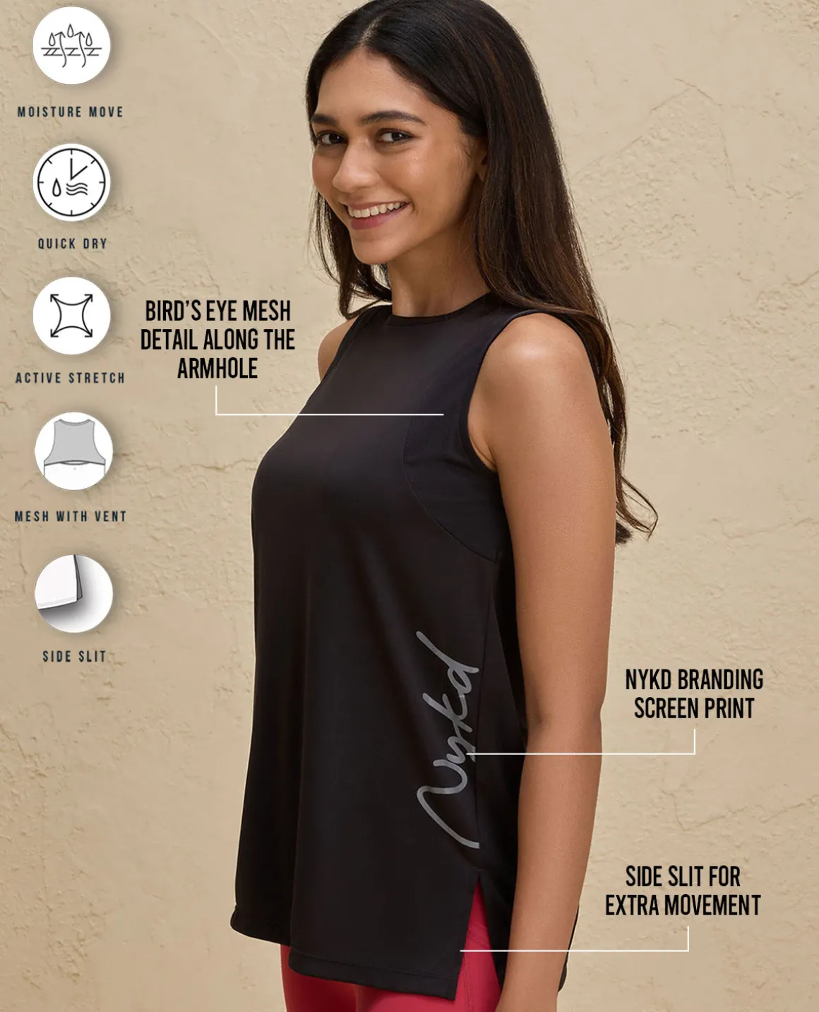 Nykd By Nykaa Quick Dry Stylised Tank Top Longline -NYK034-Jet Black