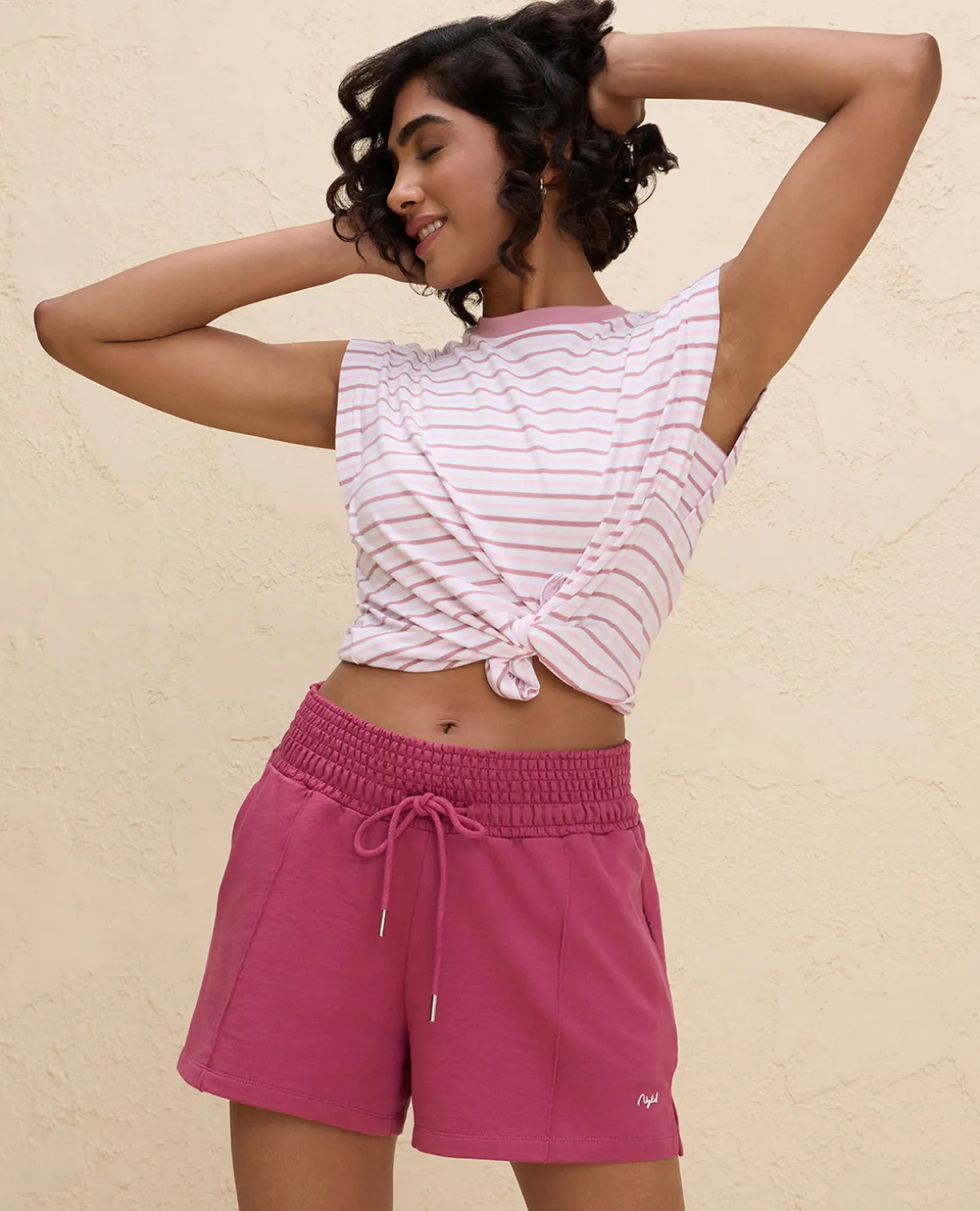 Nykd By Nykaa Summer Essential Smocked Waist Lounge Cotton Terry Shorts -NYLE603-Grape