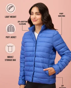 NYKD By Nykaa Ultra Light Weight Puffer Jacket with Inbuilt Bag (Set of 2)-NYAT405-Blue