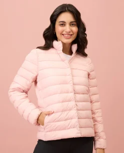 NYKD By Nykaa Ultra Light Weight Puffer Jacket with Inbuilt Bag (Set of 2)-NYAT405-Pink