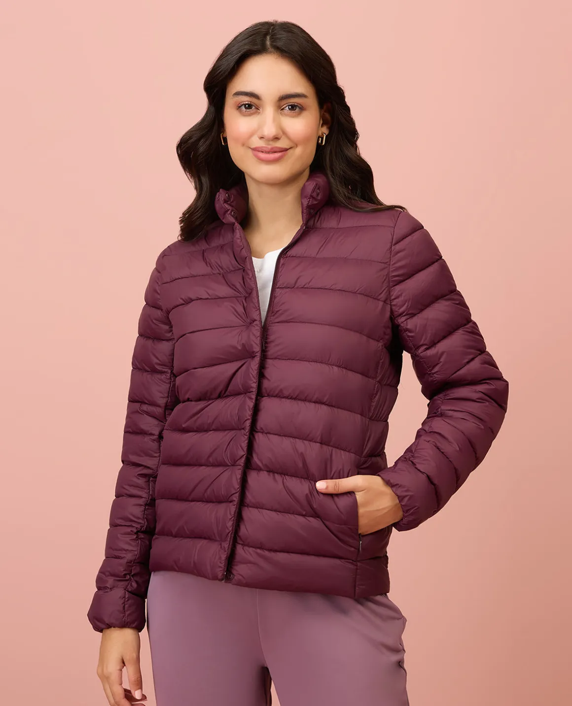 NYKD By Nykaa Ultra Light Weight Puffer Jacket with Inbuilt Bag (Set of 2)-NYAT405-Wine