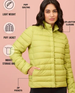 NYKD By Nykaa Ultra Light Weight Puffer Jacket with Inbuilt Bag (Set of 2)-NYAT405-Green