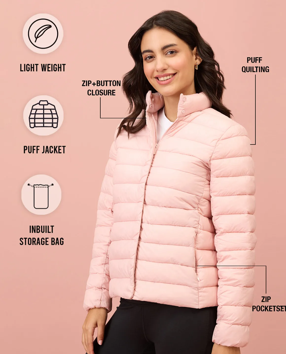 NYKD By Nykaa Ultra Light Weight Puffer Jacket with Inbuilt Bag (Set of 2)-NYAT405-Pink