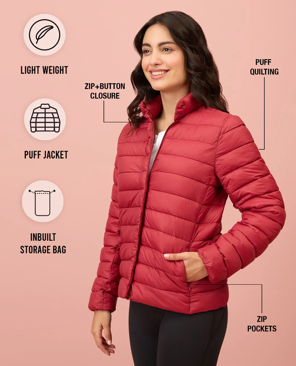 NYKD By Nykaa Ultra Light Weight Puffer Jacket with Inbuilt Bag (Set of 2)-NYAT405-Red