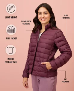 NYKD By Nykaa Ultra Light Weight Puffer Jacket with Inbuilt Bag (Set of 2)-NYAT405-Wine
