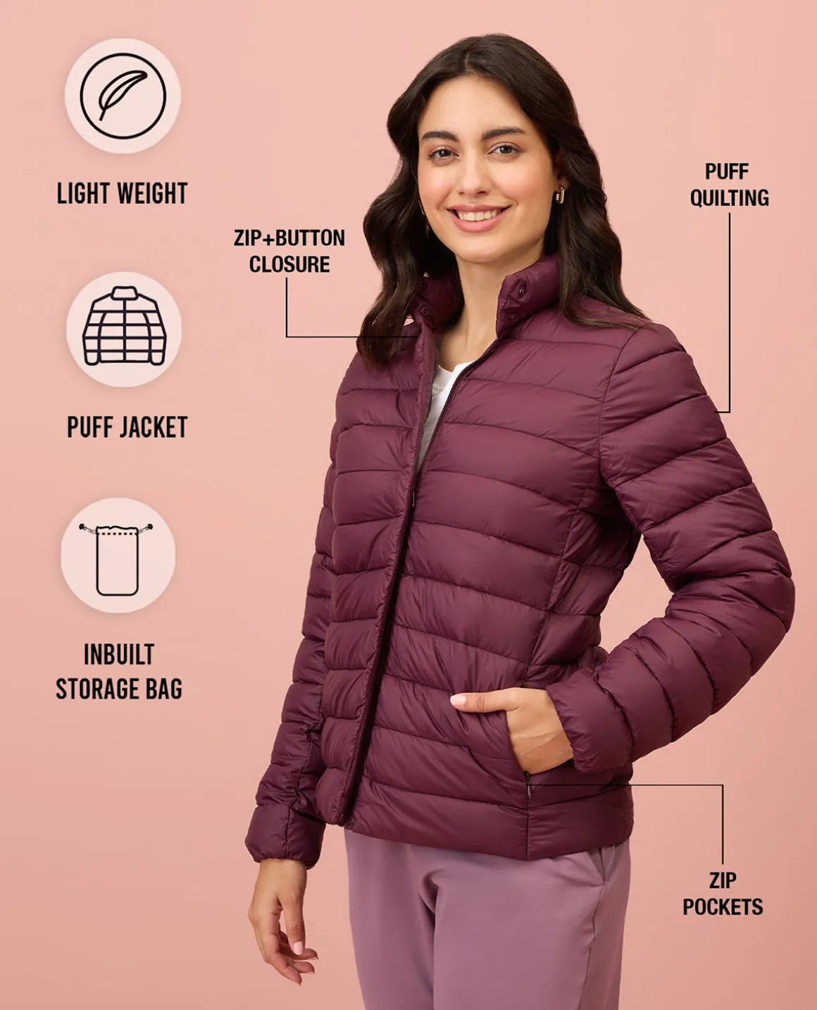 NYKD By Nykaa Ultra Light Weight Puffer Jacket with Inbuilt Bag (Set of 2)-NYAT405-Wine