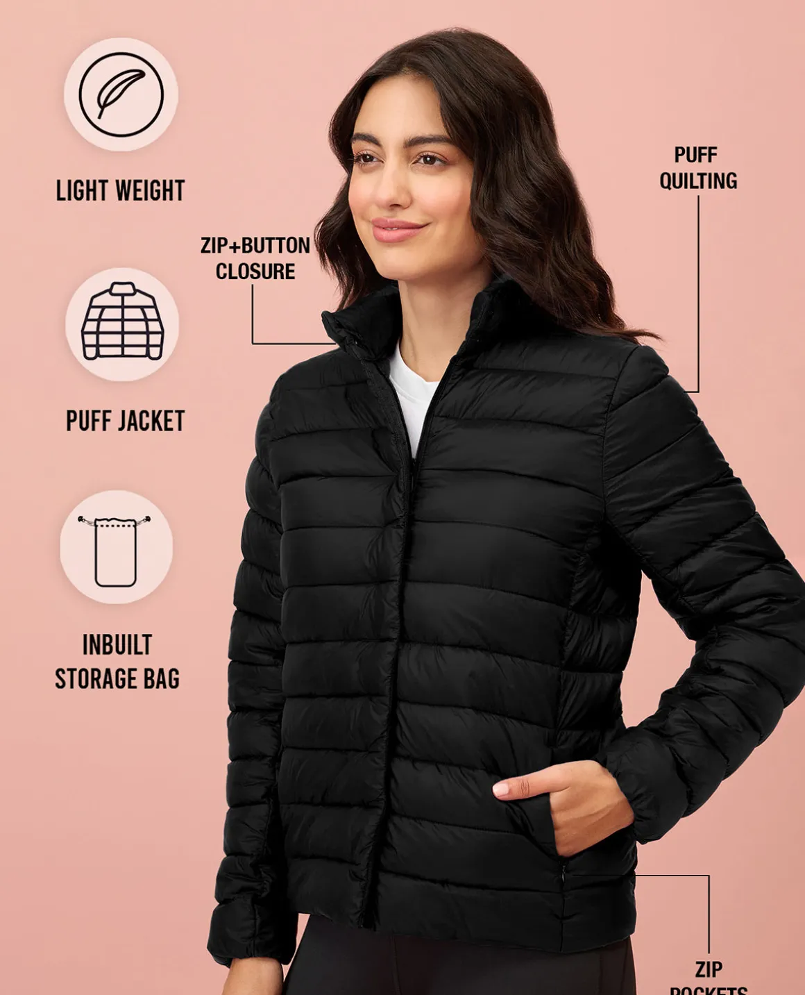 NYKD By Nykaa Ultra Light Weight Puffer Jacket with Inbuilt Bag (Set of 2)-NYAT405-Black