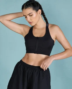 Women Mid Impact Zip Sports Bra with Removable Pads