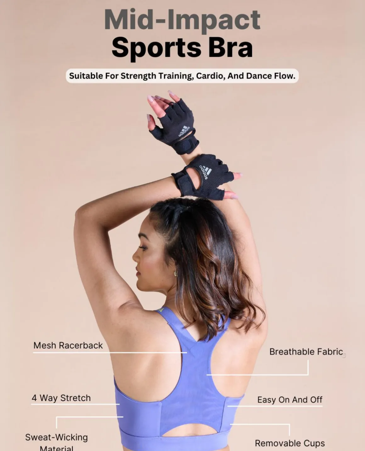 Women Mid Impact Zip Sports Bra with Removable Pads