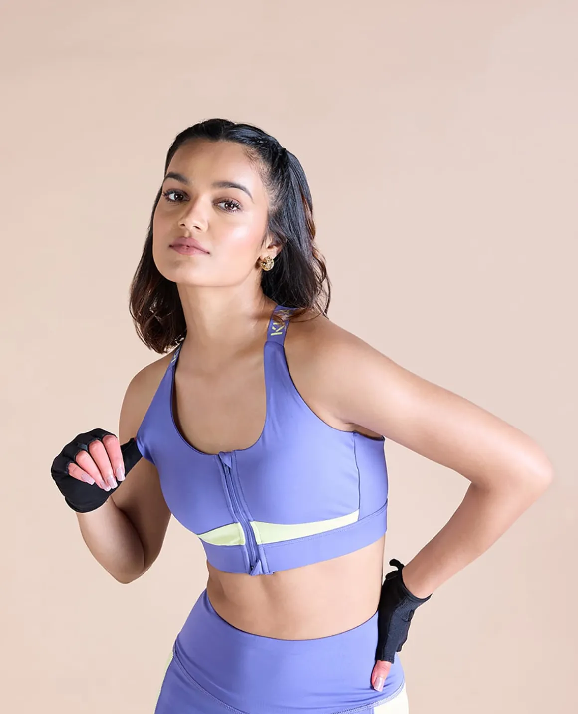 Women Mid Impact Zip Sports Bra with Removable Pads
